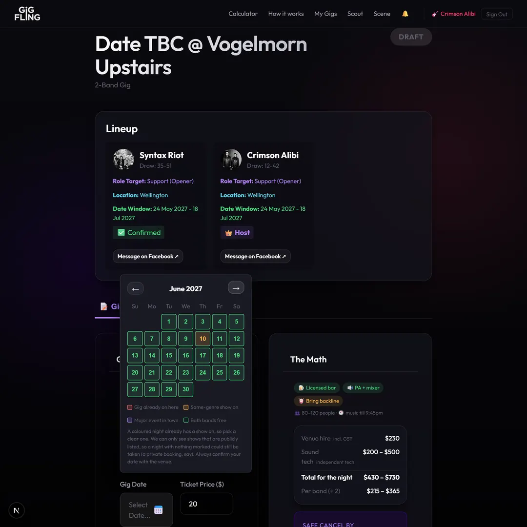 The date picker showing the shared free window and a genre clash