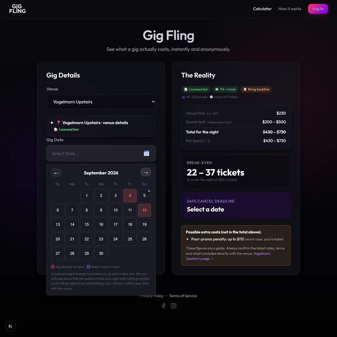The date picker flagging a booked venue and a festival